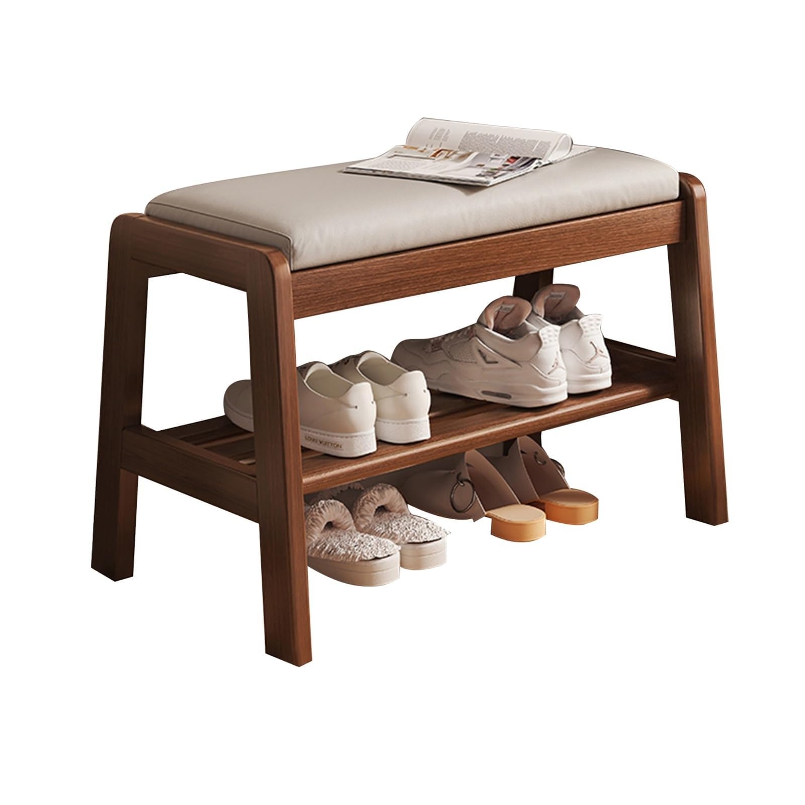 Coussin en cuir marron et assise bois pour ce banc de rangement moderne