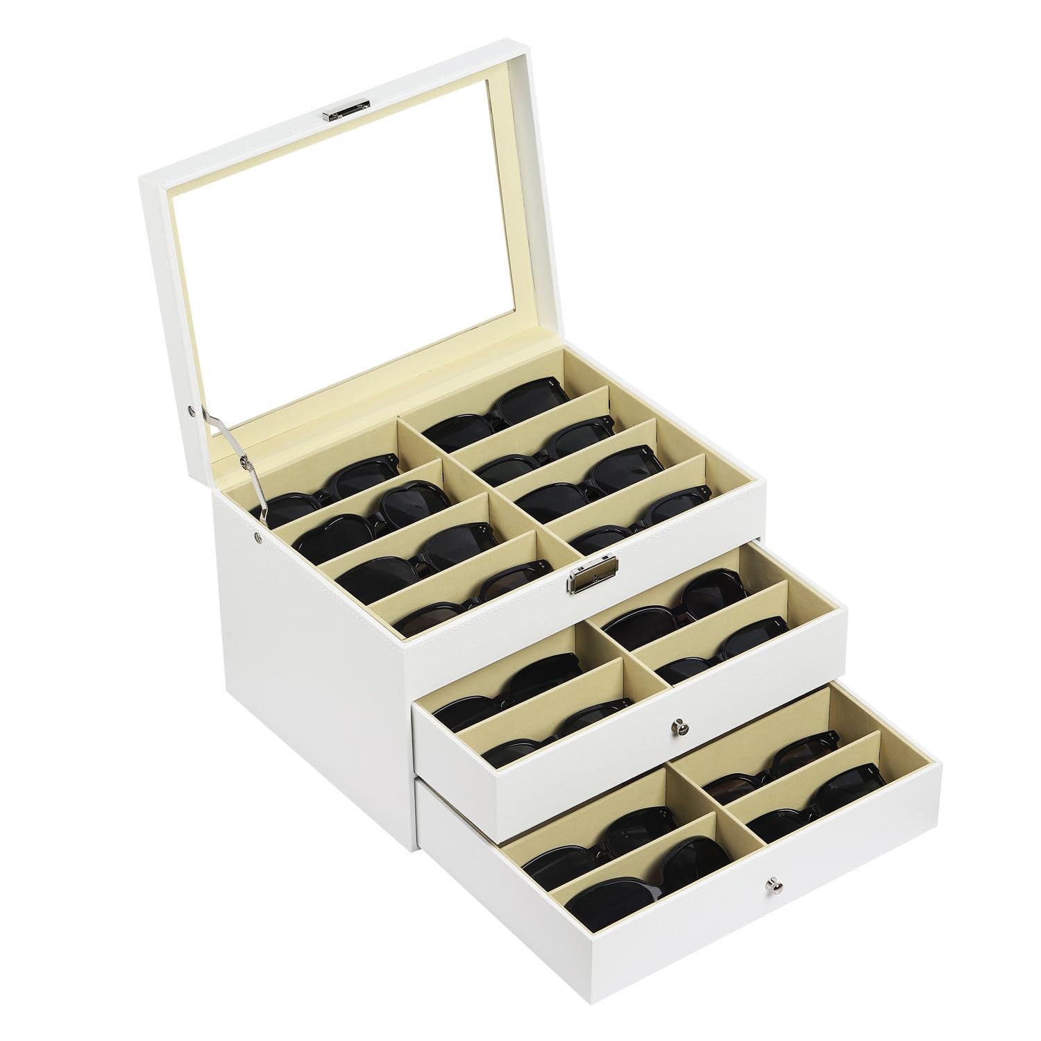AUTOARK Organizer per occhiali da vista e da sole,in pelle,con serratura,24 pezzi,Bianco,AW-172