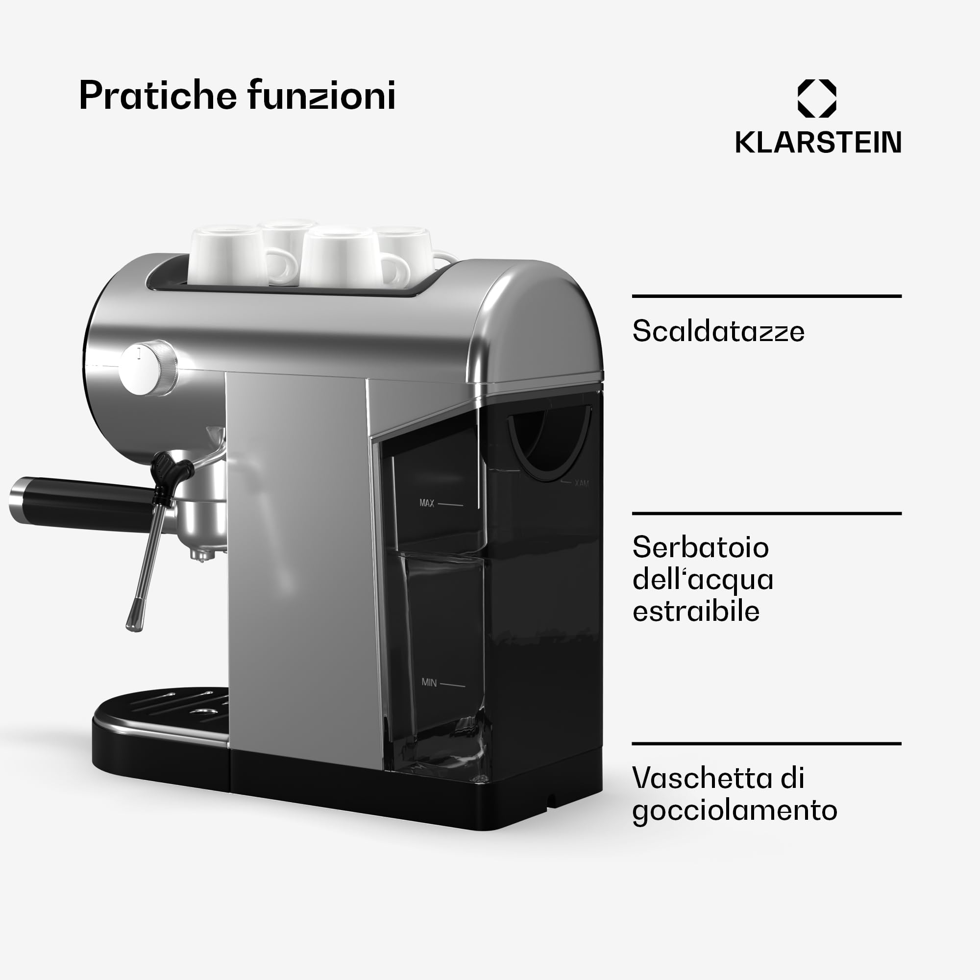 KLARSTEIN Macchinetta Caffe Espresso 0.9L, Macchina da Caffè, Caffè Espresso e Cappuccino, Macchina Caffè Barista 20 Bar In Acciao Inossidabile per Caffè Latte e Macchiato, 1360W con Montalatte