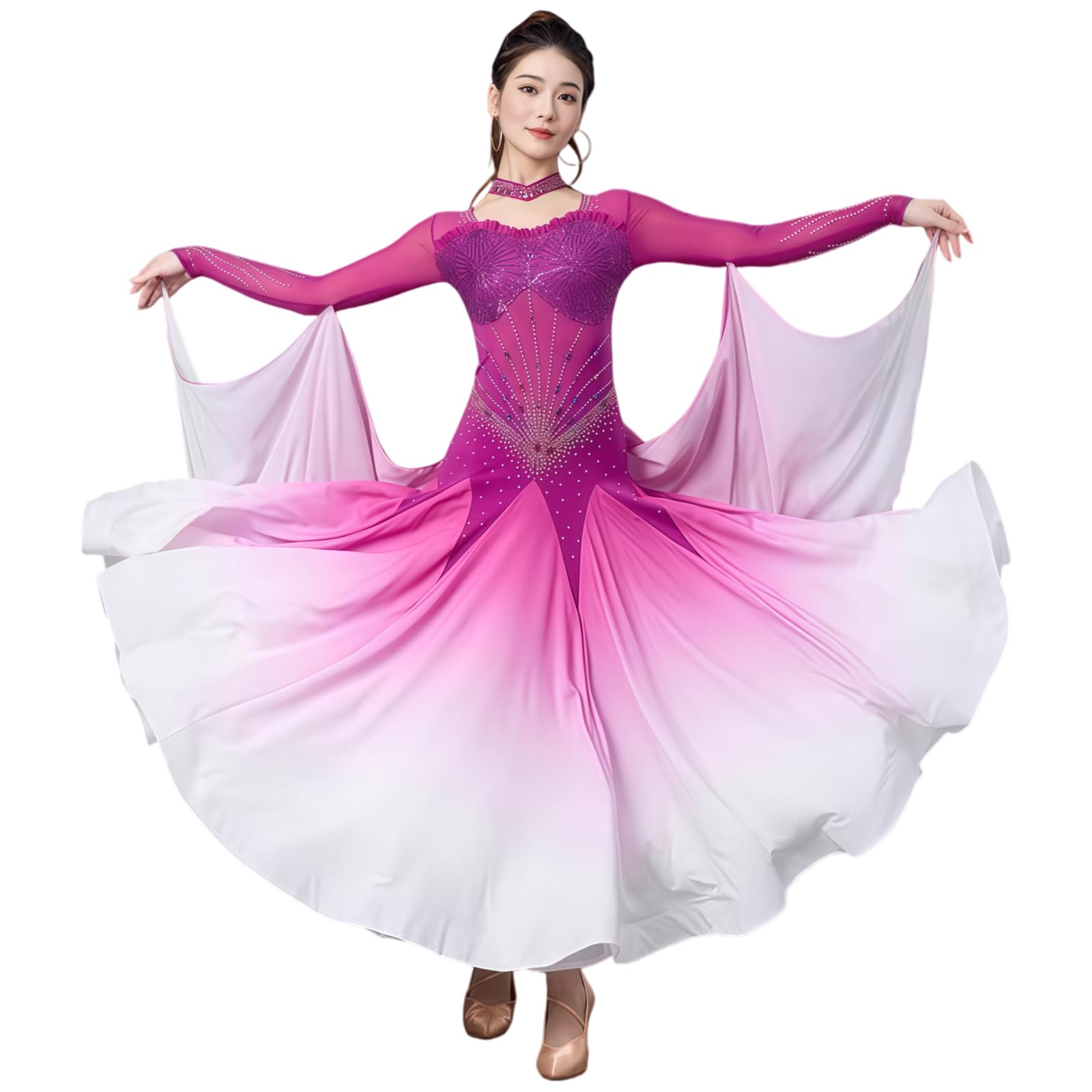 Damen Standard Ballroom Tanzkleid, Langarm Elegantes Tanzkleid Mit Farbverlauf Rock Und Strass, Fließendes Abend- Und Turnierkleid Für Walzer Tango Foxtrott
