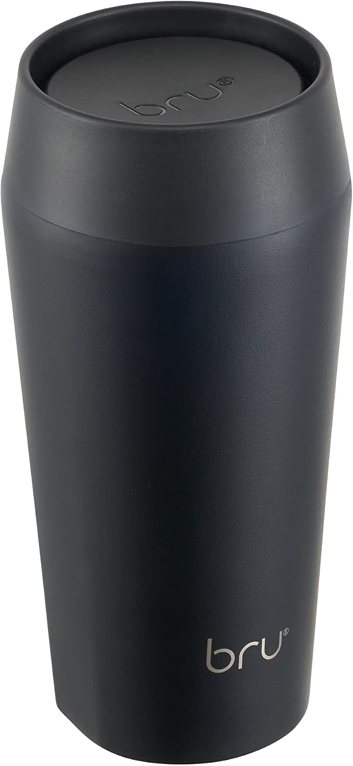BRU - Reusable Stainless Steel Travel Mug, Vacuum Insulated Coffee Tumbler, Ceramic-lined, Leak-Proof, 12h Hot & 24h Cold (12 oz, Black Magic)
