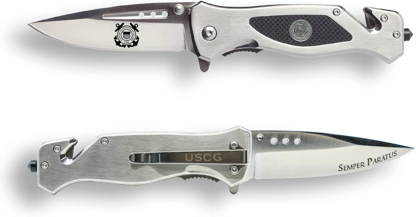 Coast Guard Folding Elite Tactical Knife - Great Gift for the Veteran in your Life - Veteran Owned Business - Coast Guard Knife Silver