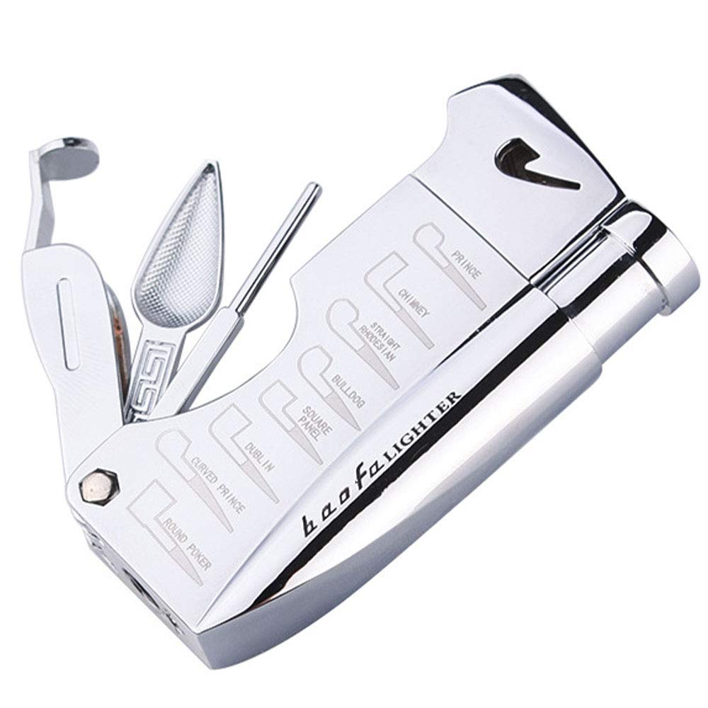 4 in 1 Multi-function Tobacco Pipe Lighter Torch Refillable Cigarette Cigar Metal Lighter with 3 Pipe Cleaner Tool Without Butane Gas,silver