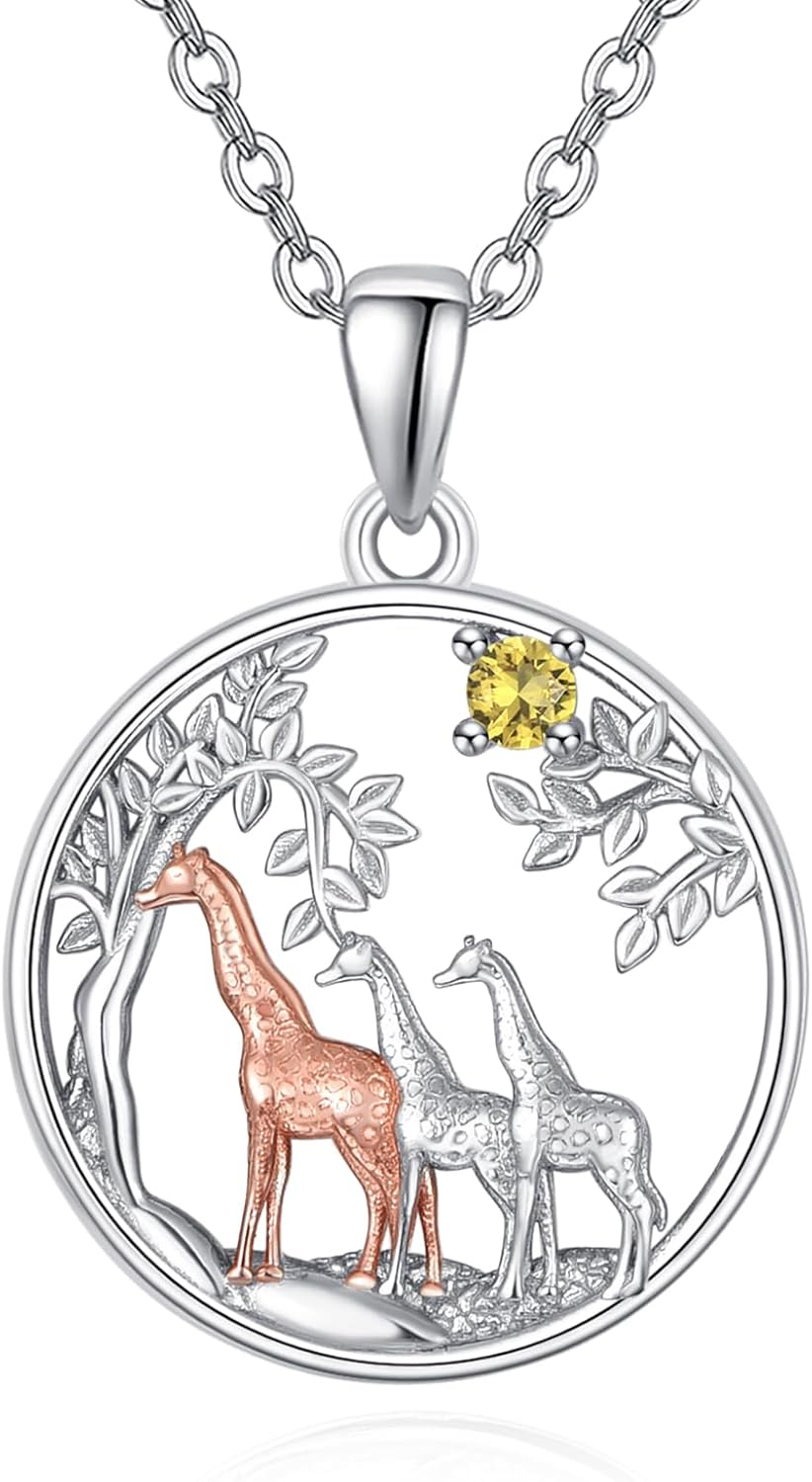 KINGWHYTE Giraffe Necklace Gifts for Women 925 Sterling Silver Three Giraffe Family Tree Pendant Birthstone Jewelry Birthday Gift for Her