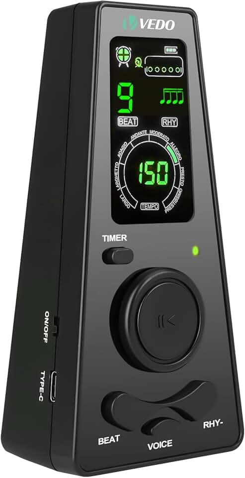 Metrônomo digital VEDO com temporizador, contagem vocal em inglês, operação um toque e display colorido fácil leitura Metrônomo eletrônico com controle volume para piano, guitarra, bateria e violino