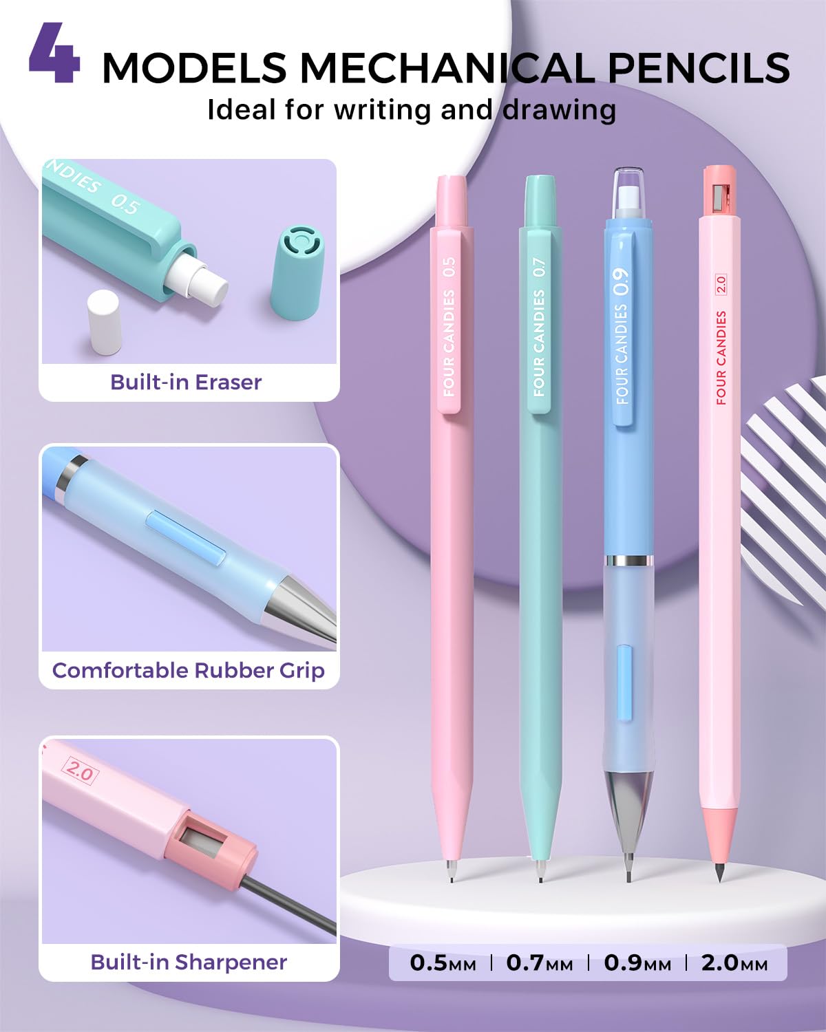 Four Candies 36PCS Aesthetic School Supplies, Mechanical Pencils 0.5mm, 0.7mm, 0.9mm & 2.0mm with 624PCS Lead Refills, Cute Mechanical Pencils for Writing, Drawing & Drafting ()
