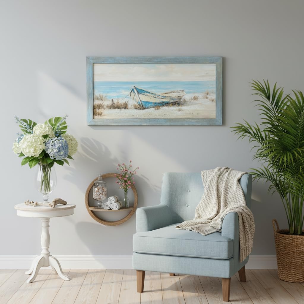 Coastal Wall Art Wood Decor: Beach Boat Framed Picture Rustic Ocean Sea Painting Seaside Landscape Print Artwork for Living Room Home Office Decor 40 x 20 Inch