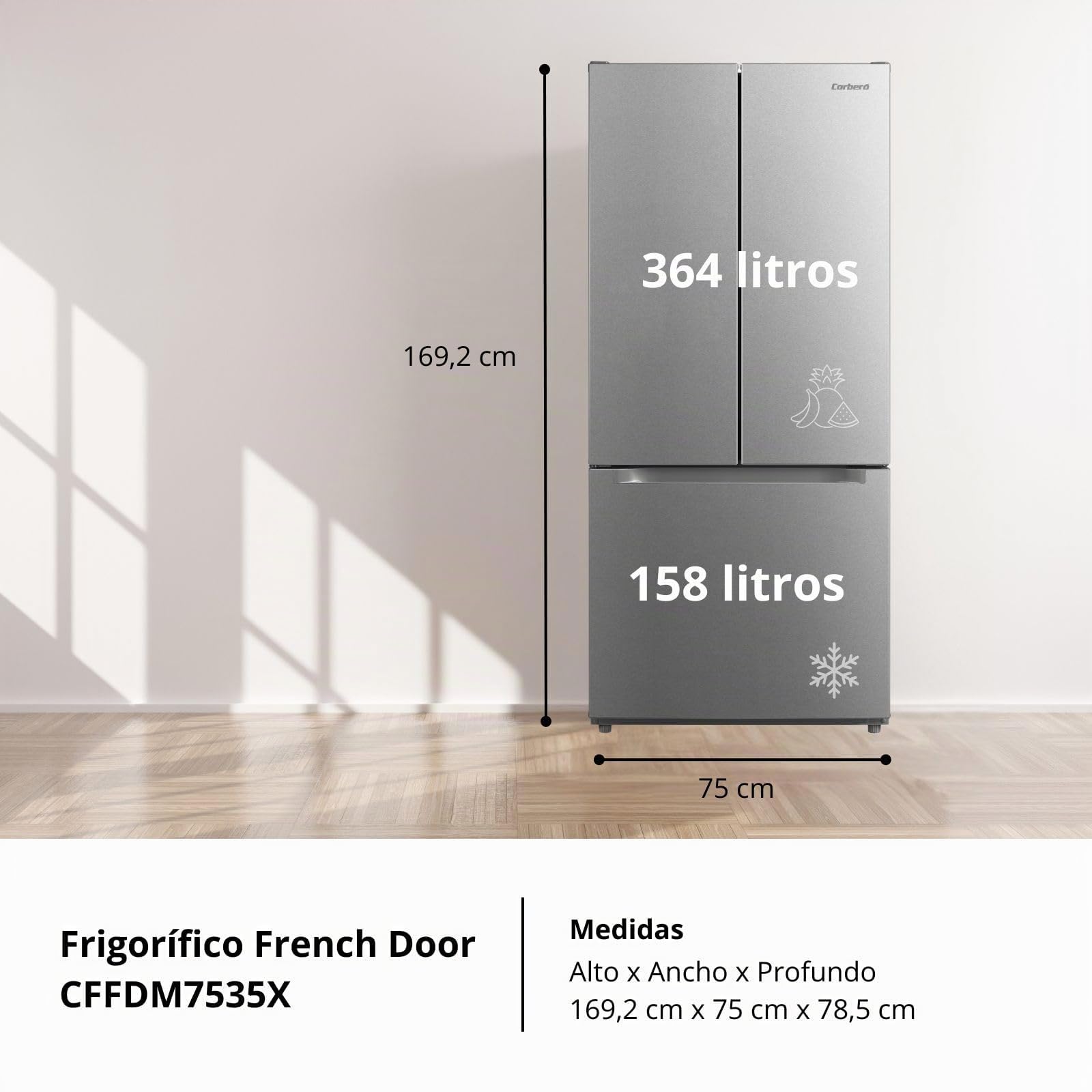 Corberó - Frigorífico French Door | CFFDM7535X | No Frost | Inverter | 522L | 170 cm | Display interior | 2 cajones Crisper | Luz Led | Inox
