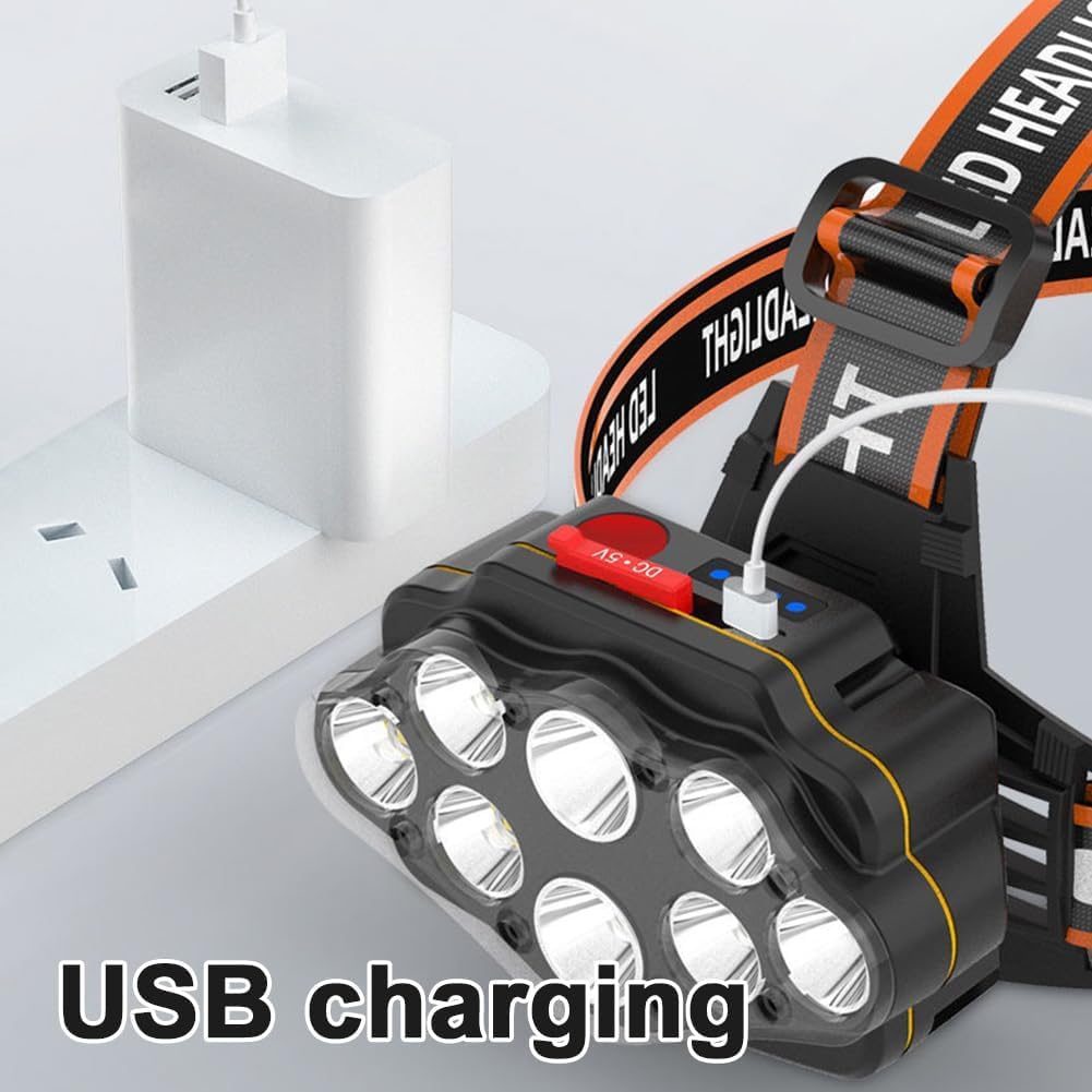 Latarki czołowe do kempingu i pieszych wędrówek, latarka czołowa zewnętrzna 8 LED USB akumulatorowa latarka czołowa z wyświetlaczem mocy do kempingowej latarki czołowej(Black 3pcs)