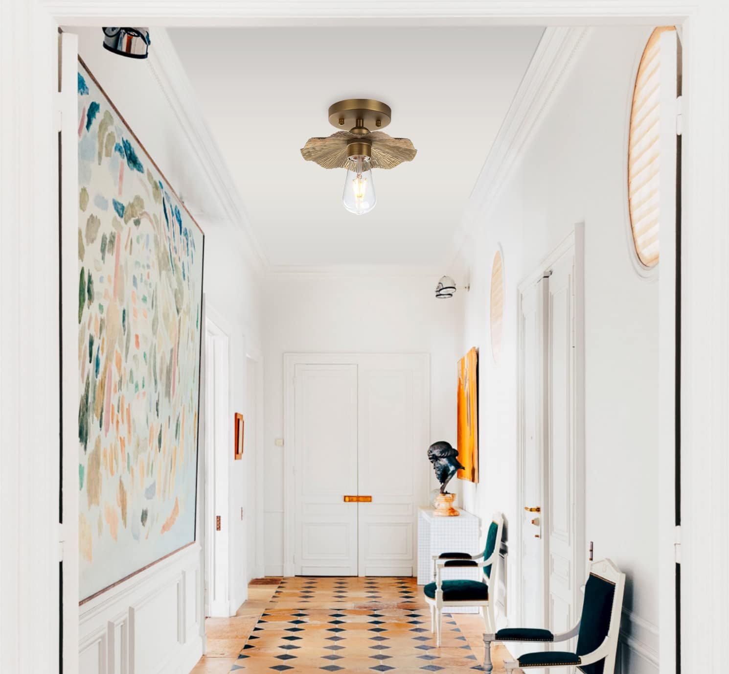 Pathson Vintage Metal Ceiling Light Fixture Brass Finished, Split Flower Design Ceiling Lighting, Industrial Kitchen Art Flush Mounted Farmhouse Lighting for Living Room Hallway