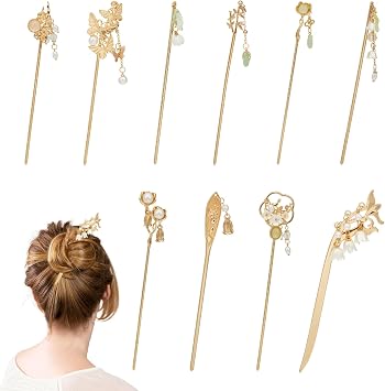 NICENEEDED 10 PCS Vintage Pearl Gold Metal Hair Sticks Pins with Pendants, Decorative Retro Chinese Hanfu Asian Hair Pin, Hair Bun Updo Accessories for Women