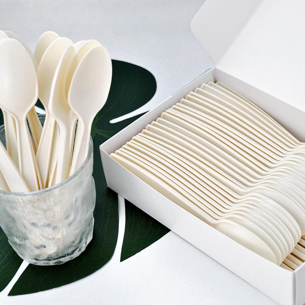 Corn Starch Spoon50 Piece Set Spoons Eco-friendly Utensils Biodegradable Durable Strong Heavy-Duty Heat-Resistant BPA-free Plastic Alternative