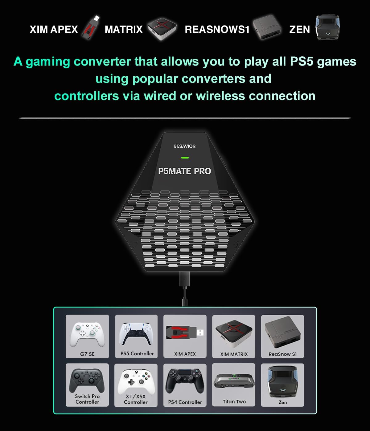 Besavior P5Mate Pro 1000Hz Converter Wired/Wireless Adapter Emulator for PS5, PC Game - Compatible with Zen, XIM Matrix, APEX, REASNOW, Titan, Various Controllers to Play All PS5 Games