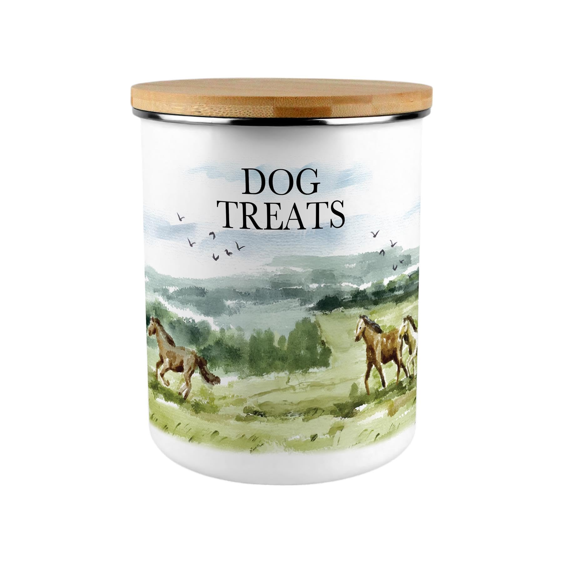 Purely Home Wild Horses Dog Treats Canister - 2.7L Extra-Large Enamel Storage Container, Horse Themed Gifts