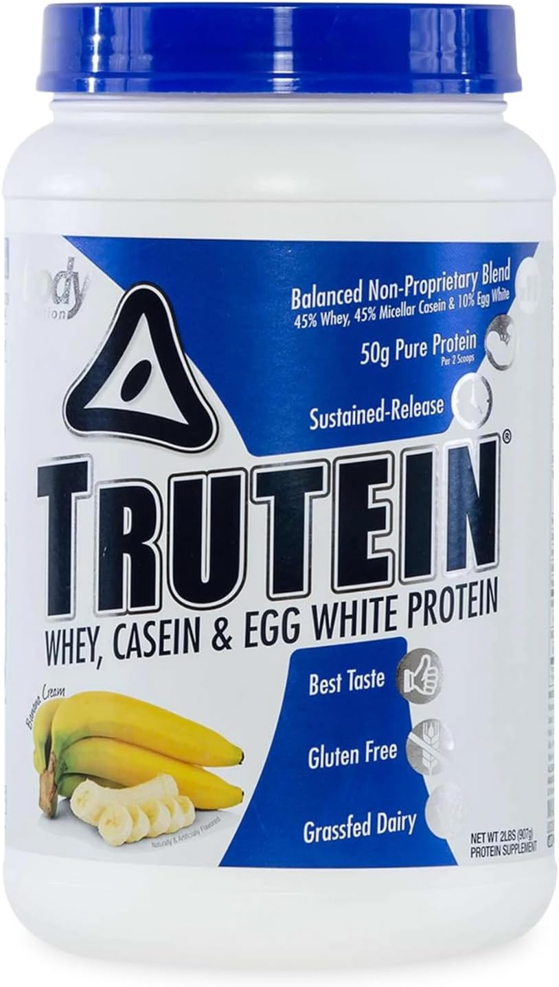 Trutein High Protein Powder: 45% Whey, 45% Casein, 10% Egg White, Gluten-Free, Low Sodium, Grass Fed Whey Protein Powder, Gym Supplement & Breakfast Shake, Banana Cream, 2lb
