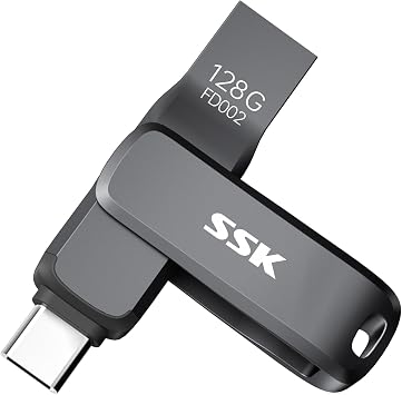 SSK USB C Flash Drive 128GB,Up to 240 MB/S Read Speed USB-C-Thumb-Drive,Dual USB3.2 Flash Drives with USB-C and USB-A,Robust Black Metal USB Pendrive for Android Phone/Tablets/Mac/Computers/Car/TV
