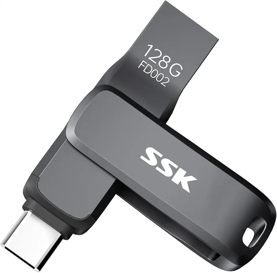SSK Flash Drive USB C de 128 GB, velocidade de leitura de até 200 MB/S, pen drives USB 3.2 duplos com USB-C e USB-A, pendrive USB de metal preto robusto para telefones e tablets Android, Mac