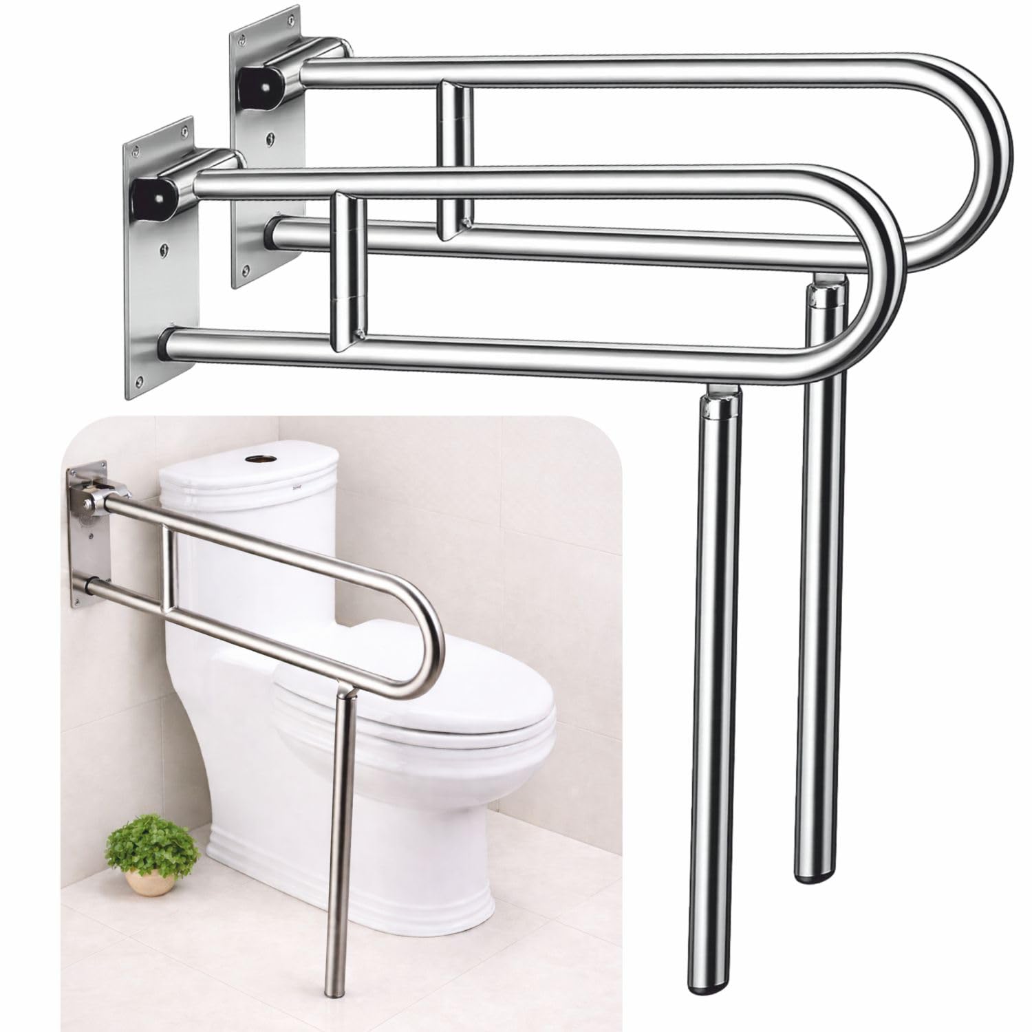 JIALTO Wall Mounted Foldable Grab Bar Silver Pack of 2 Stainless Steel Toilet Safety Support Rail with Floor Support Leg, Heavy Duty Bathroom Assist Handle for Balance and Stability-image-43