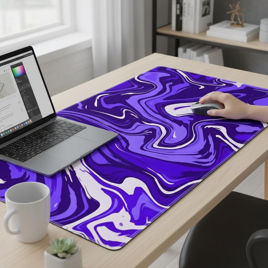 Extended Desk Mat 458 x 915 mm | Premium Abstract Purple Mouse Pad with Stitched Edges | 3mm Thick Non-Slip Desk Pad for Gaming, Office & Workstation