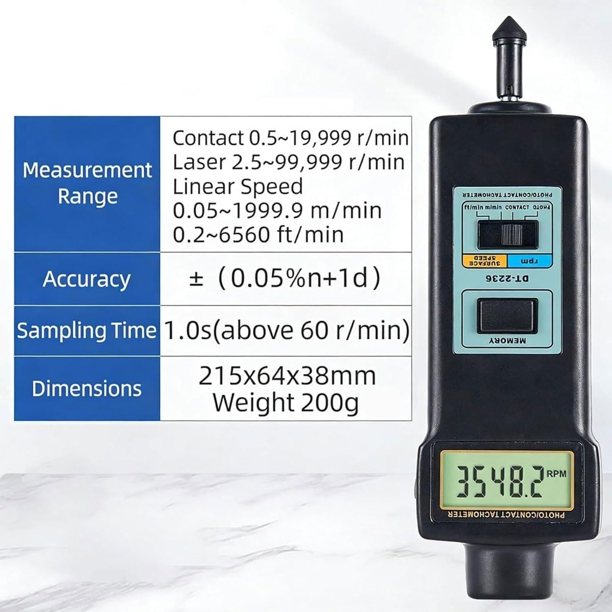 Handkontakt Foto Drehzahlmesser, Linearer Drehzahlmesser LCD Anzeige, 2.5-99999U/min Digitaler Drehzahlmesser 4 Sonden, Lineargeschwindigkeitsmessung m/min ft/min für Fuß Pro Sekunde Minute