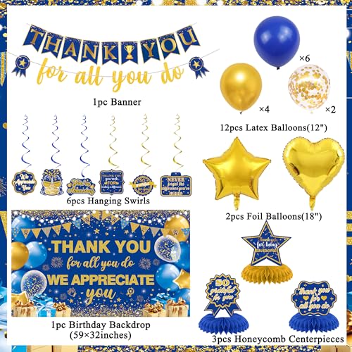 Vlipoeasn We Appreciate You Banner Decorations, Blue Gold Thank You for All You Do Backdrop Banner Honeycomb Centerpieces, Retirement Office Decor Staff Teachers Professors Doctor Nurses Appreciation