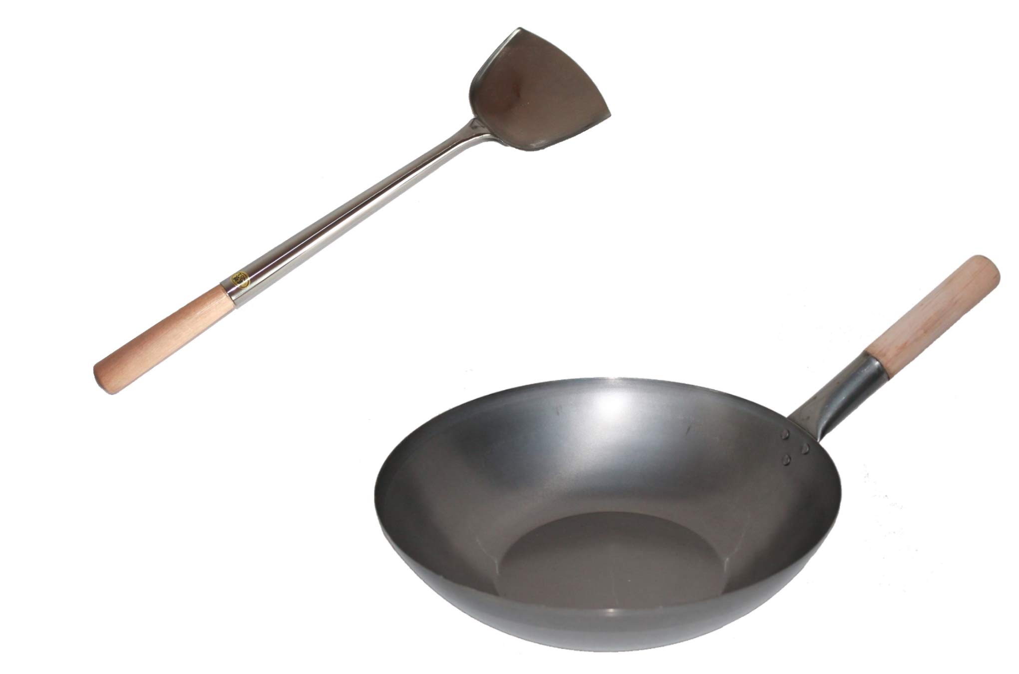 Wok acier carbone 30cm avec poêle et spatule longue 43cm pour induction et gaz
