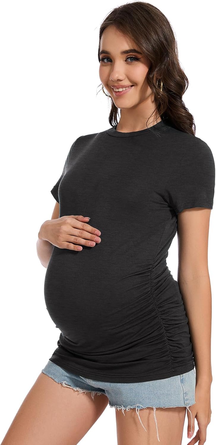 Smallshow Women's Maternity Shirts Crew Neck Short Sleeve Pregnancy Clothes 3 Pack - Image 3