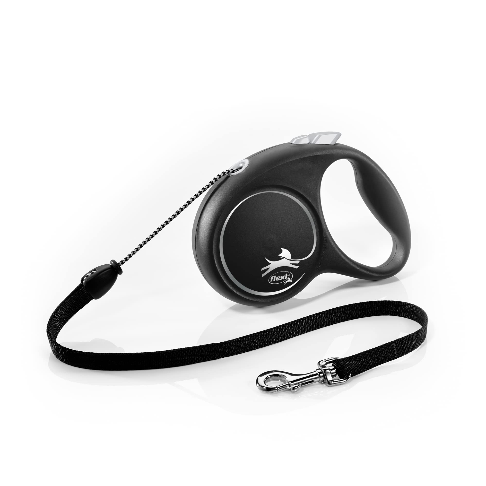 flexi® Black Design M | 5 m retractable cord leash for dogs up to 20 kg | Black/silver | Retractable dog lead | Weight: 200 g | Dimensions: 10.6 x 15.1 cm
