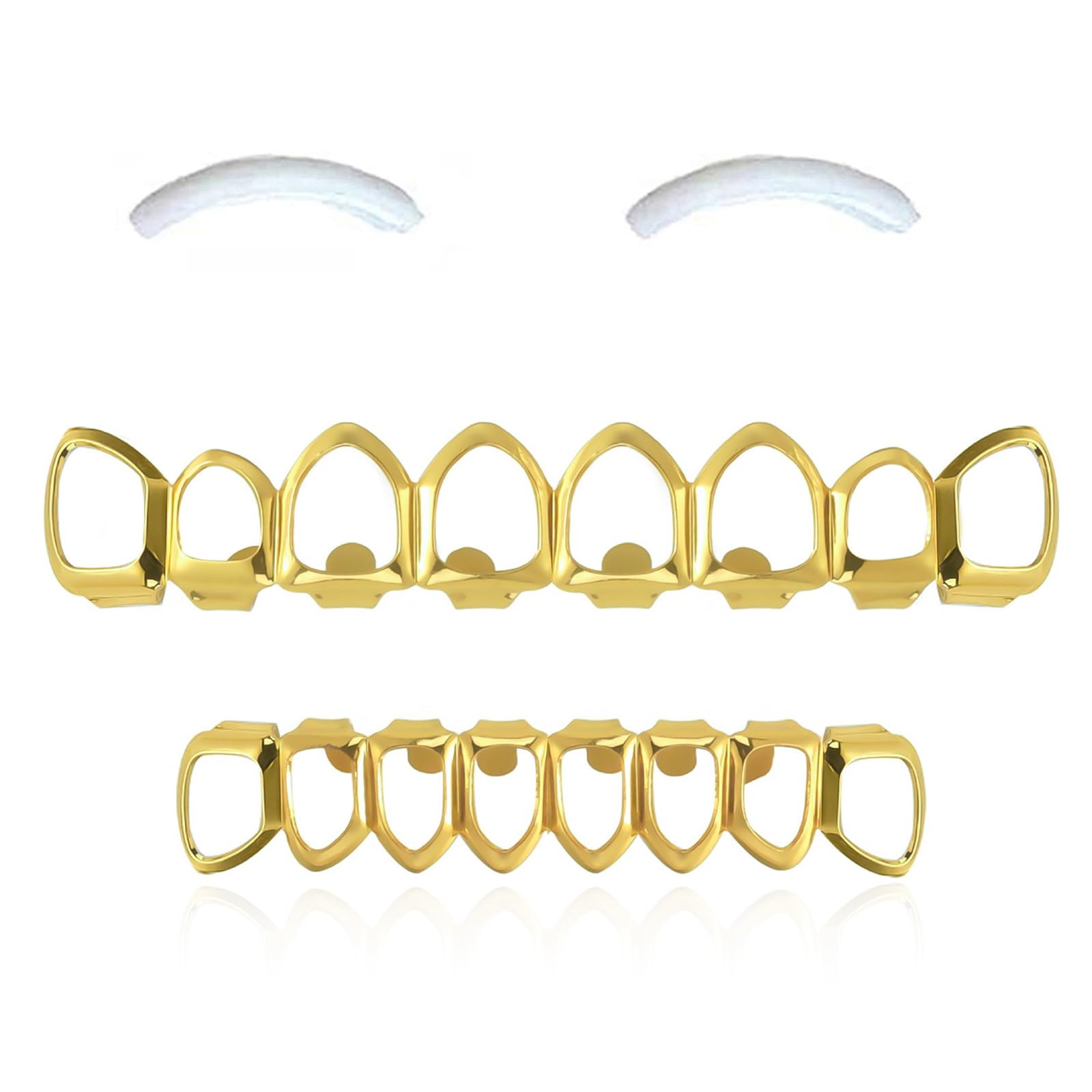 SSyang Hip Hop Teeth Grills for Mouth Braces Decoration with 2 Silicone Moldings Hip Hop Teeth Grills for Mouth Top Bottom Music Festival Party Rapper Decorations (golden,Full hollow+8 Teeth) — image 1