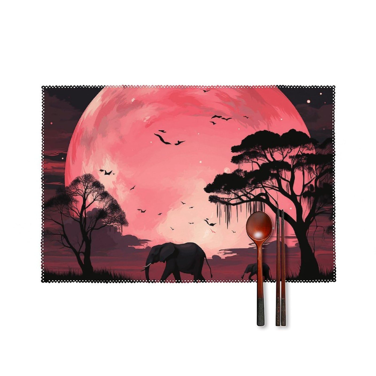 Pink Moon Elephant Placemats Set of 6, 12x18 Inch Heat Resistant Washable Canvas Table Mats, Stain Resistant Decorative Dining Placemats for Kitchen, Restaurant, Outdoor Party