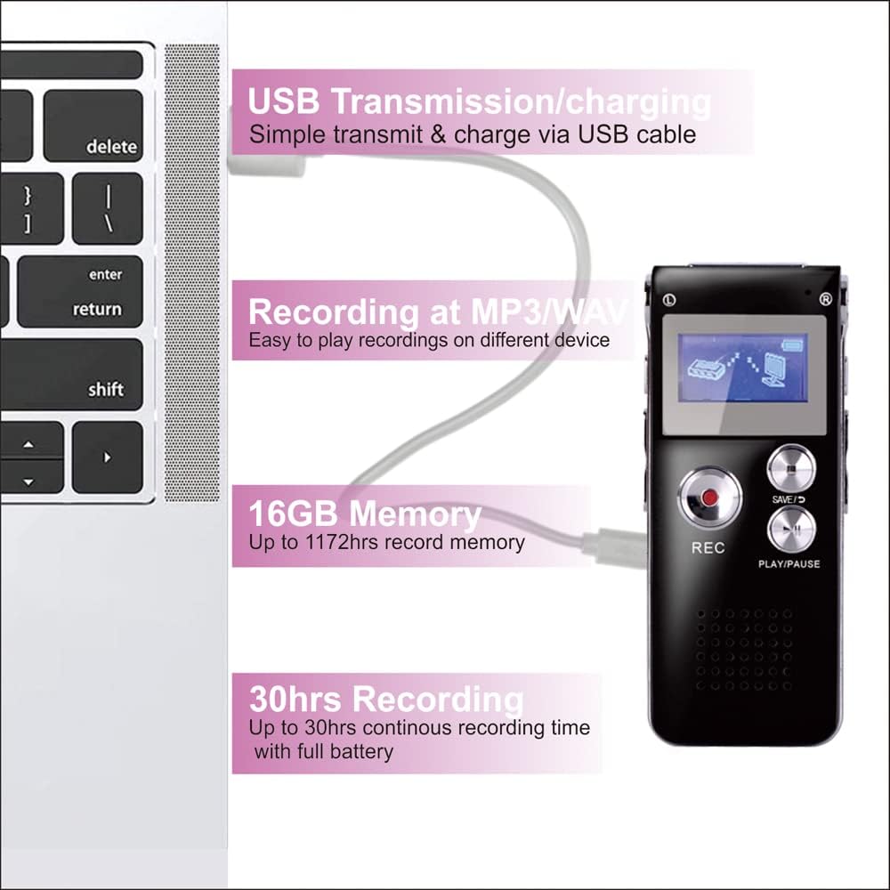 16GB Digital Voice Recorder Voice Activated Recorder with Playback Upgraded Portable Tape Recorder for Lectures, Meetings, Interviews, Portable Audio Recorder Dictaphone USB Charge, MP3, Password