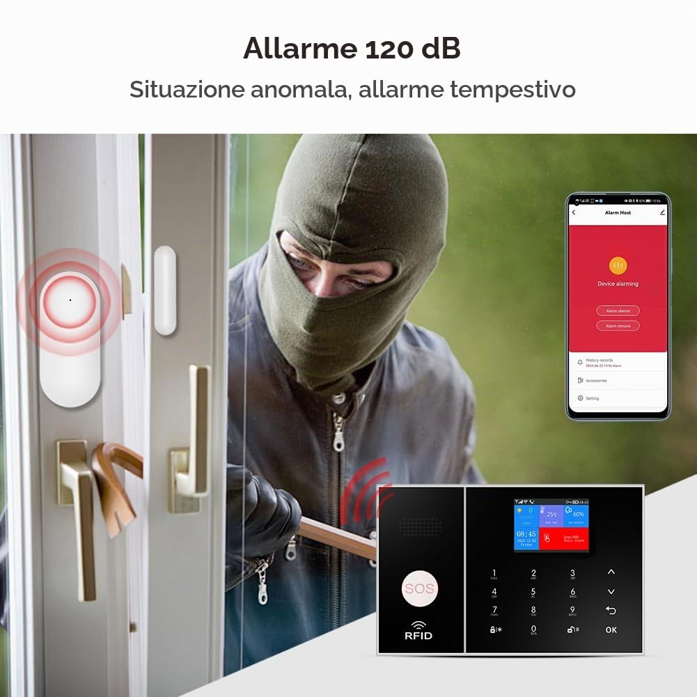 allarme casa senza fili,kit allarme casa senza fili con Sirena Allarme 120dB, Telecomando Intelligente, Invite vocale, Display LCD, Sicurezza per la casa, ufficio(8 Pezzi)