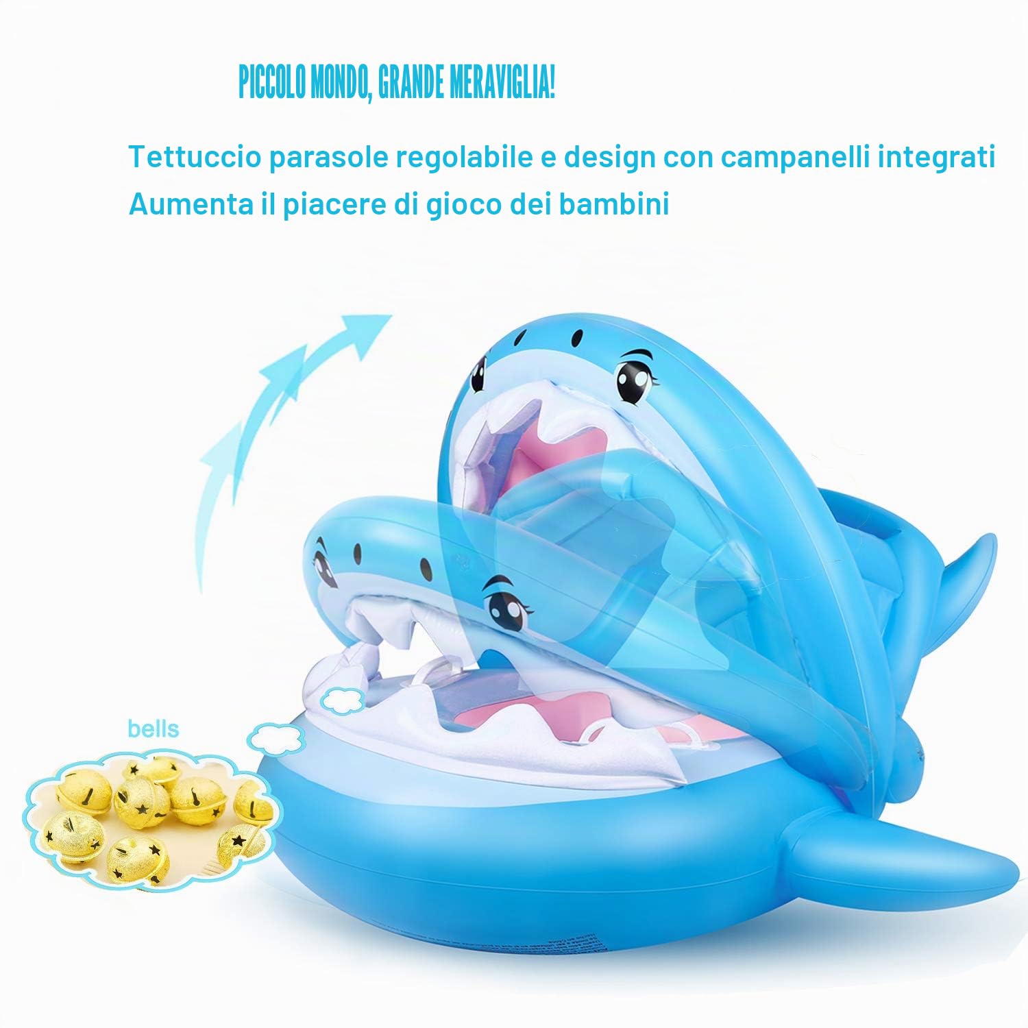 Piscina Salvagente per Bambini Squalo Cavalcabile Gonfiabile con Tettuccio mare Gonfiabile Ciambella per età 6-36 mesi