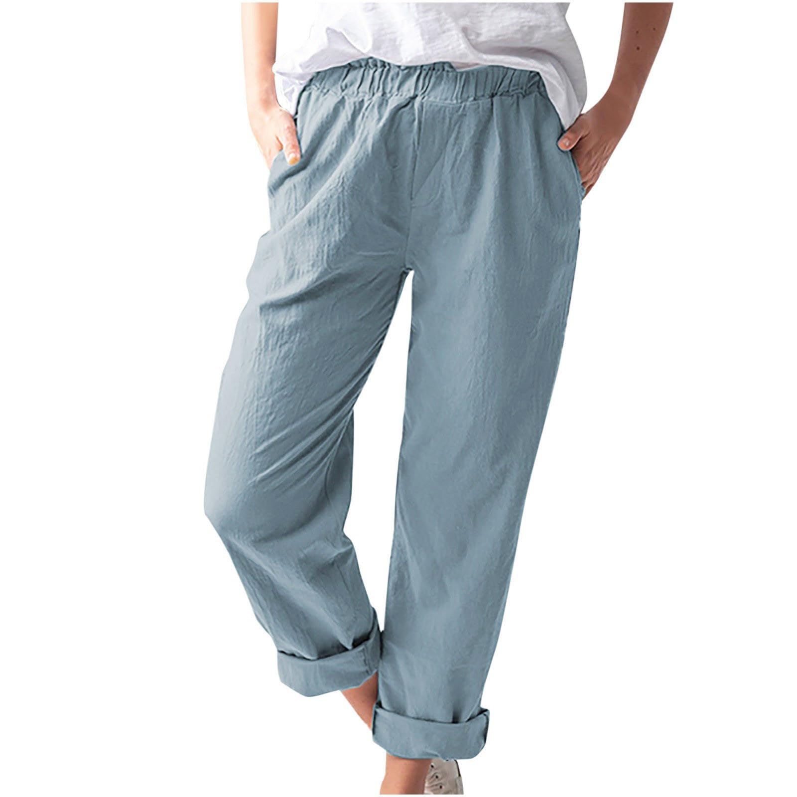 Bidobibo Plus Size Linen Pants for Women Straight Leg High Waisted Elastic Beach Pants Summer Trousers with Side