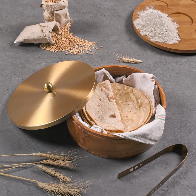 Image of Wooden Chapati Box for Kitchen - Casserole for Roti with Stainless Steel Brass Lid | Wooden Chapati Box with 1 Tong | Traditional Kitchen Organizer - Gold (Plane)