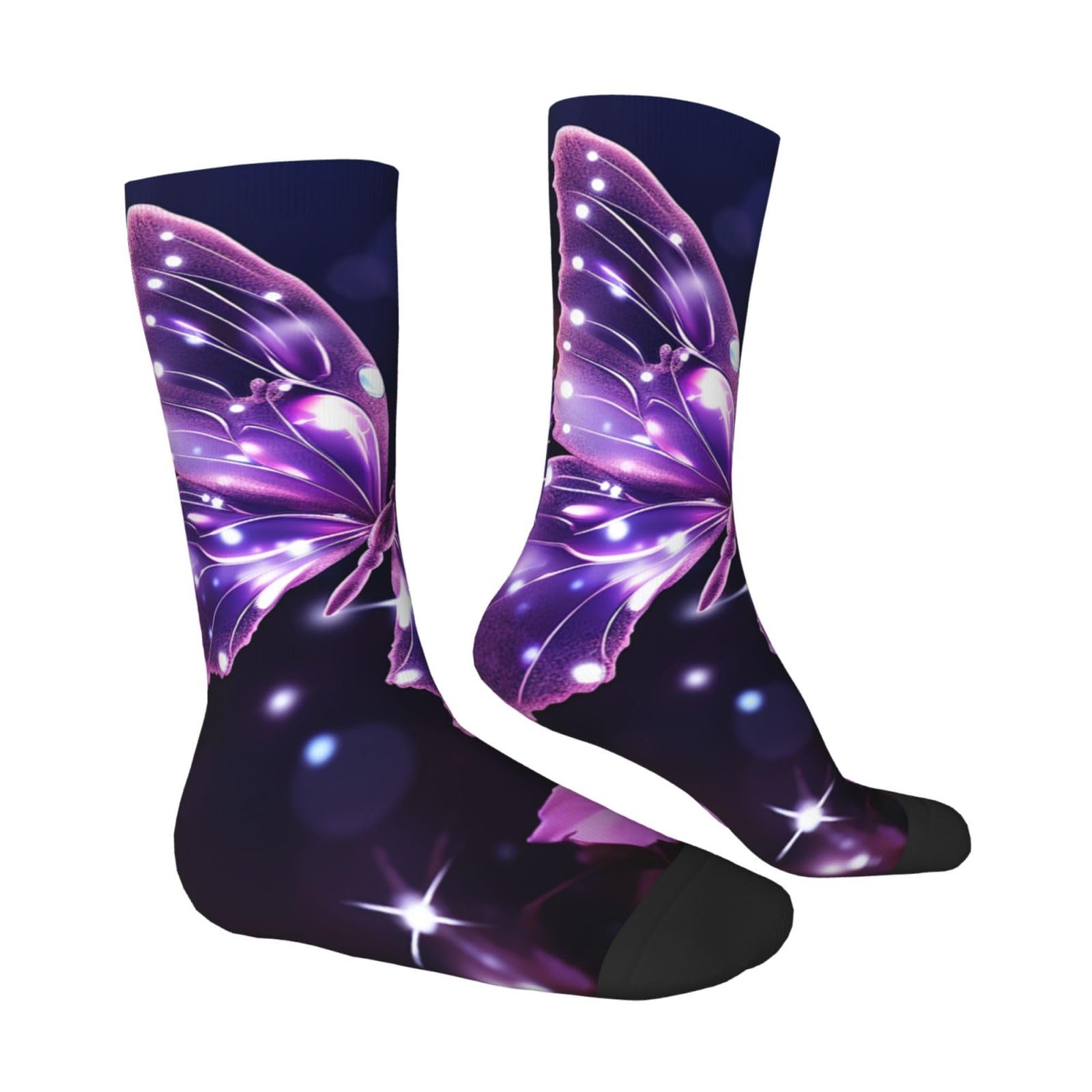 LZQPOEAS Cute Purple Butterfly Athletic Socks Unisex Cushioned Crew Socks Hiking Running Calf Sock Soft Above Ankle Sock