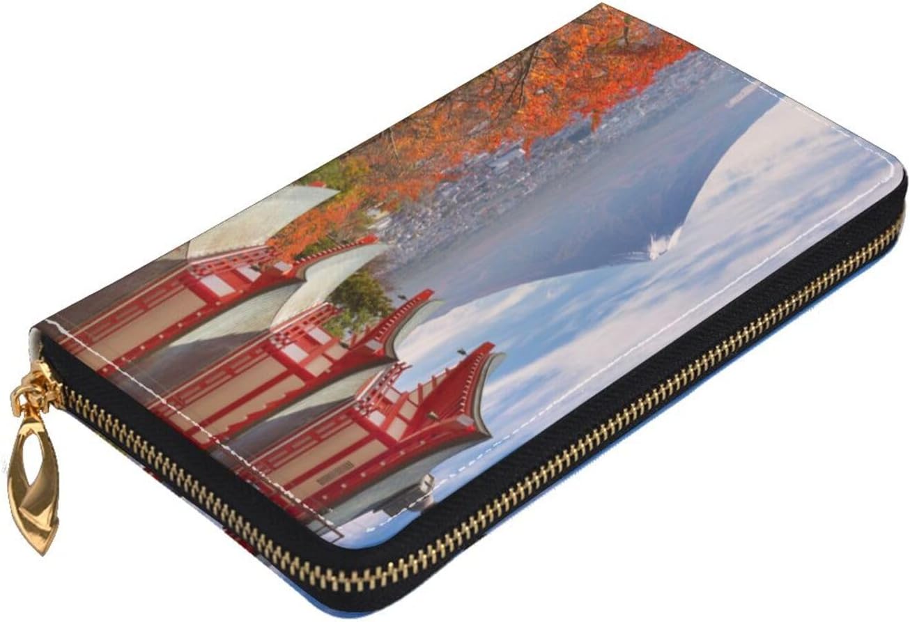 [COOLEAD] 本革 長財布 新倉山浅間公園の忠霊塔と富士山 紅葉 薄型二つ折り スマホ入れ可 レザー財布 ウォレット 両面カラ