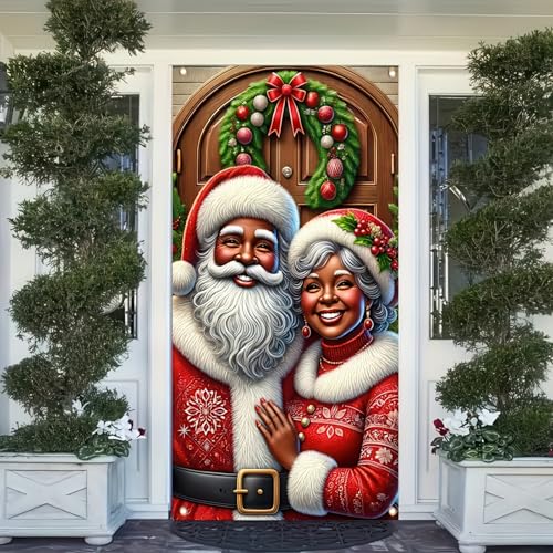 Image of BlissYard Christmas Door Cover Santa Couple 35 x 71 Inch