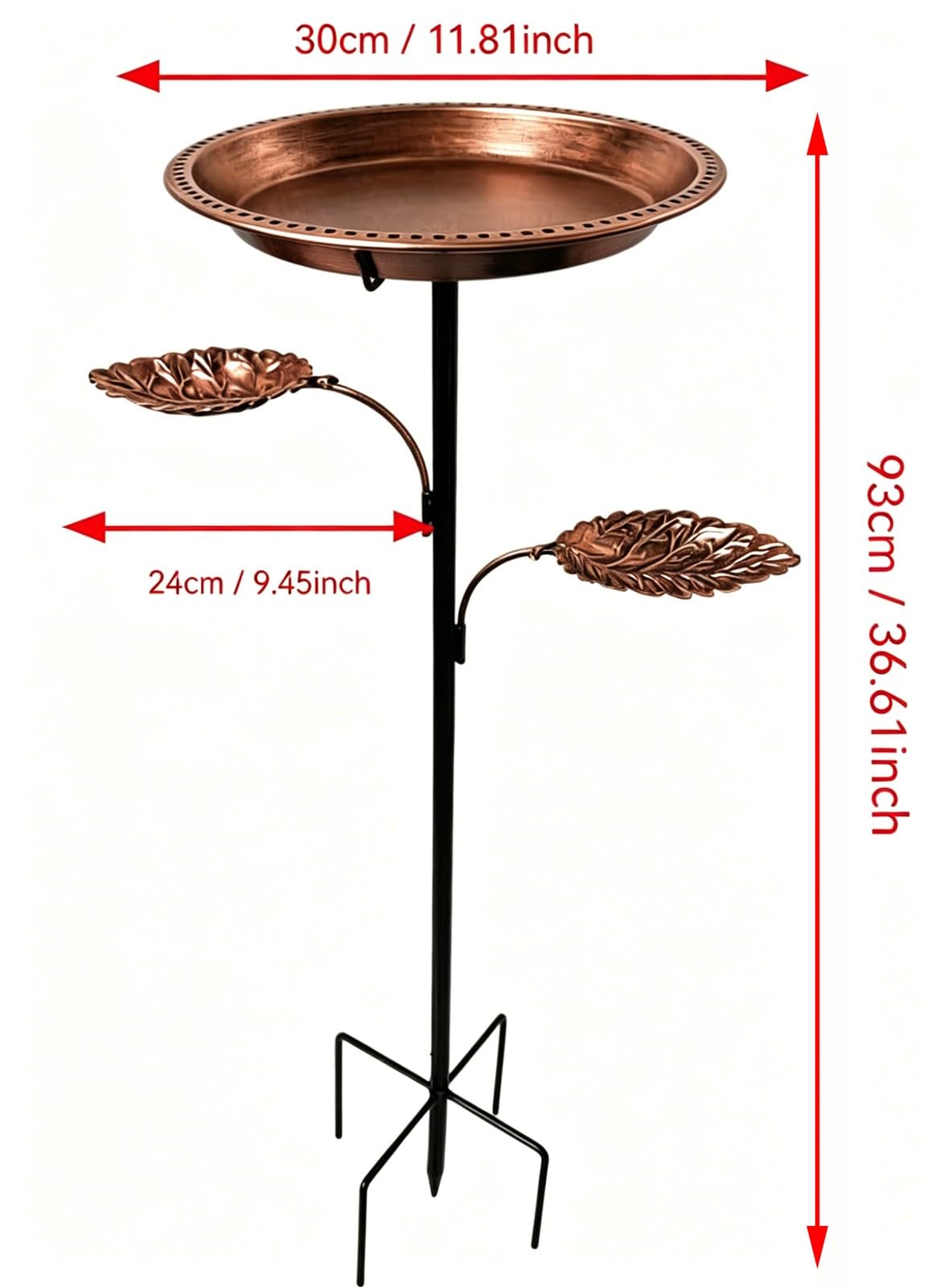 Vogeltränke aus Metall für den Außenbereich, 93 cm hoch, mit 30 cm Schale, 2 Futterstellen und Eisenkonstruktion für die Gartendekoration(Antique Copper)