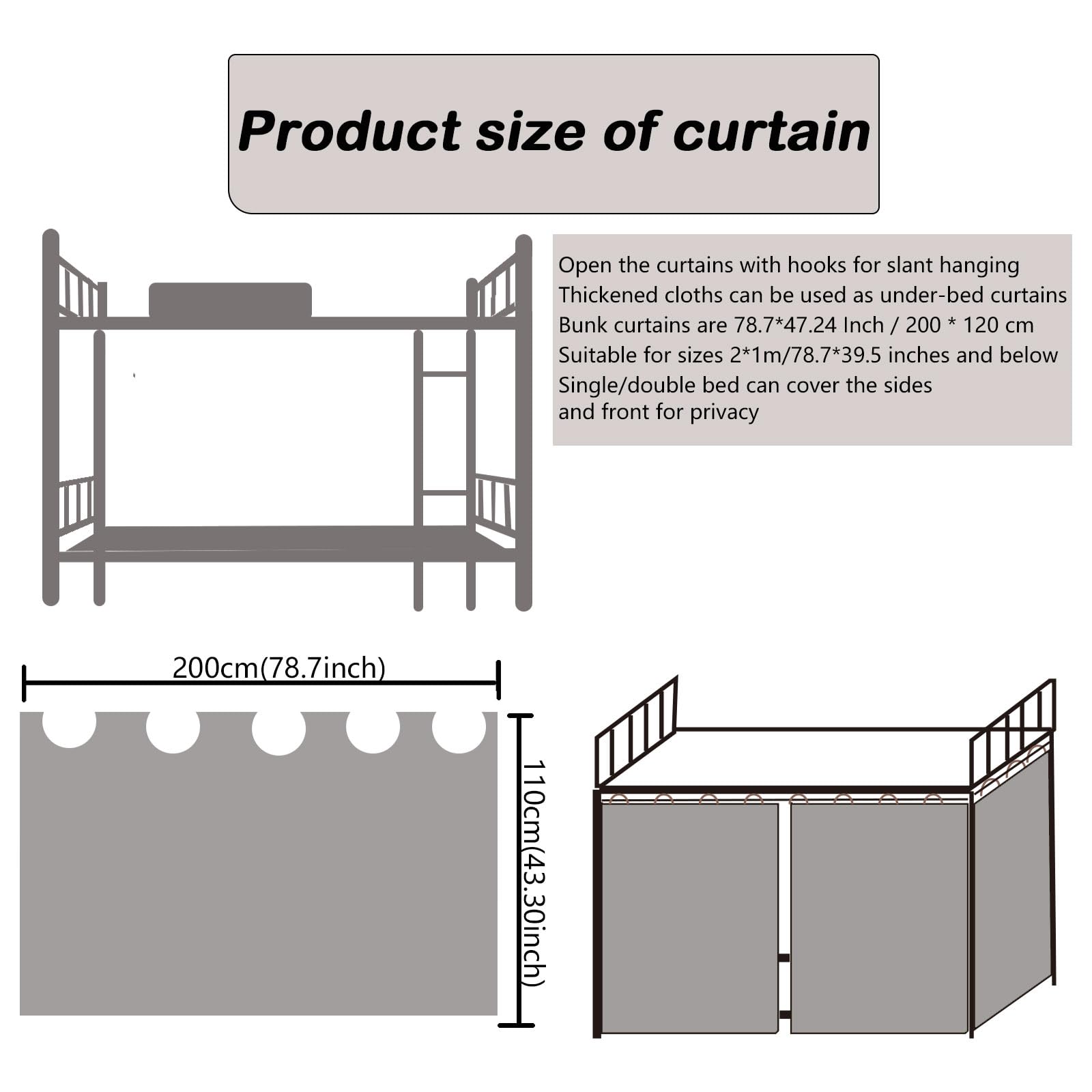 zxmbeddings Bunk Bed Curtains Solid Blackout Cloth Students Single Sleeper,2 Panels,Black