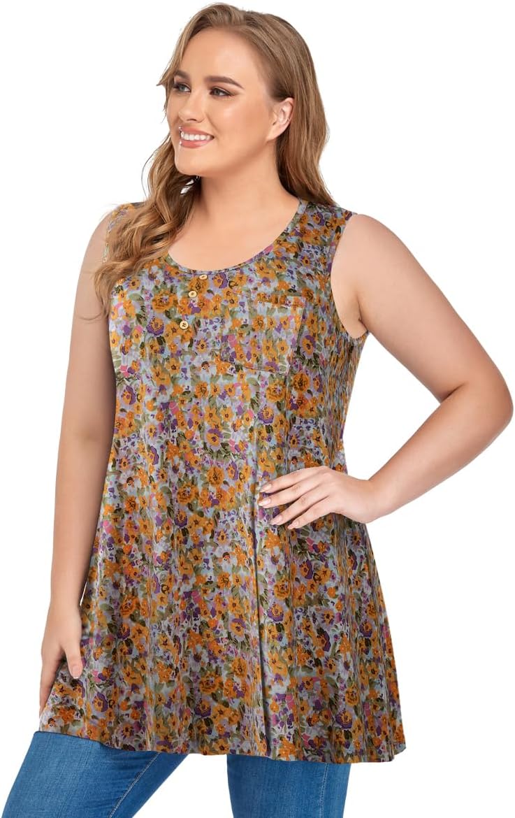 OVERWORETY Women's Plus Size Tank Tops Casual Loose Swing Sleeveless Tunic T-Shirts with Pocket - Image 4