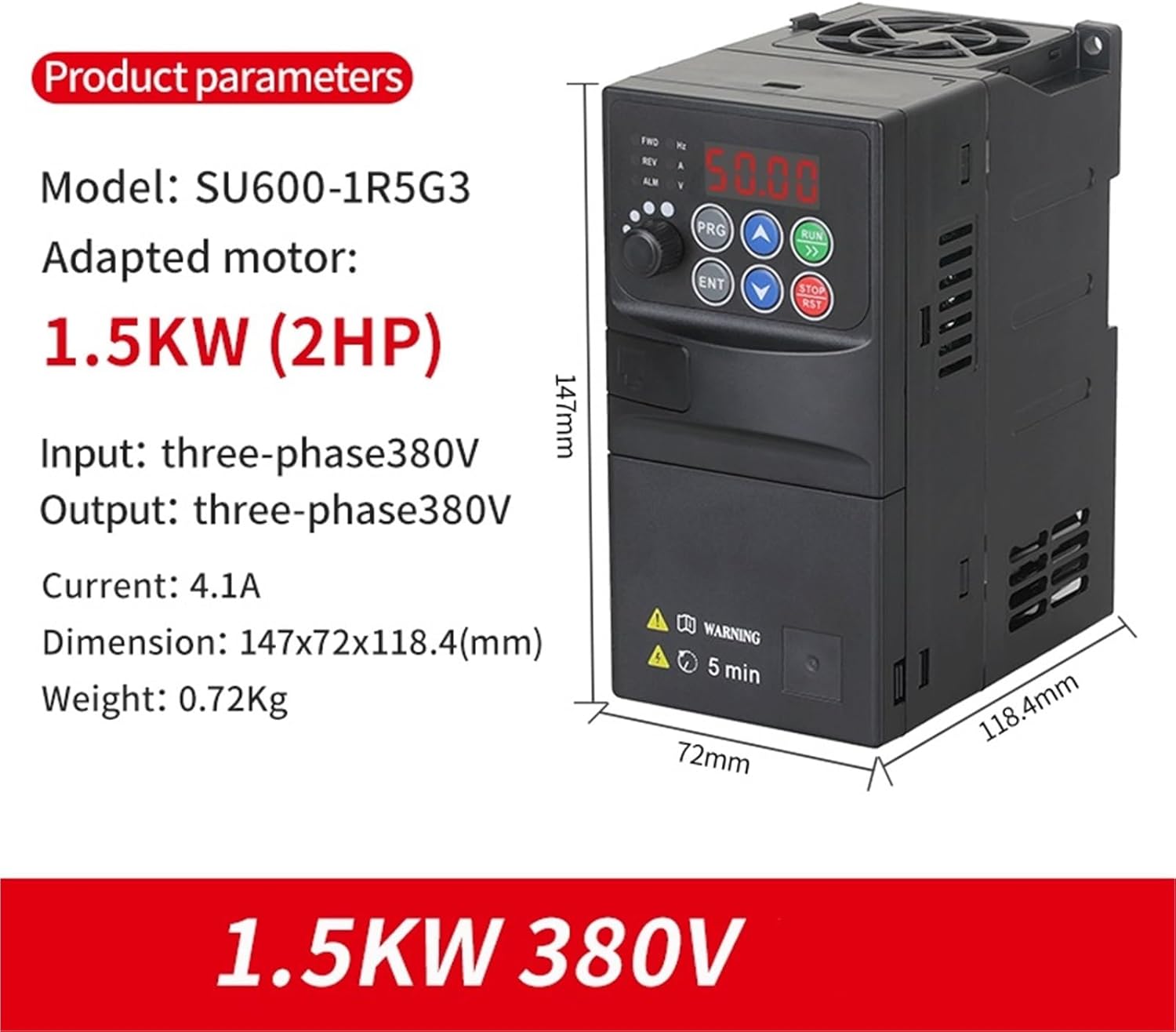 Product parameters and dimensions for the 1.5KW 380V VFD
