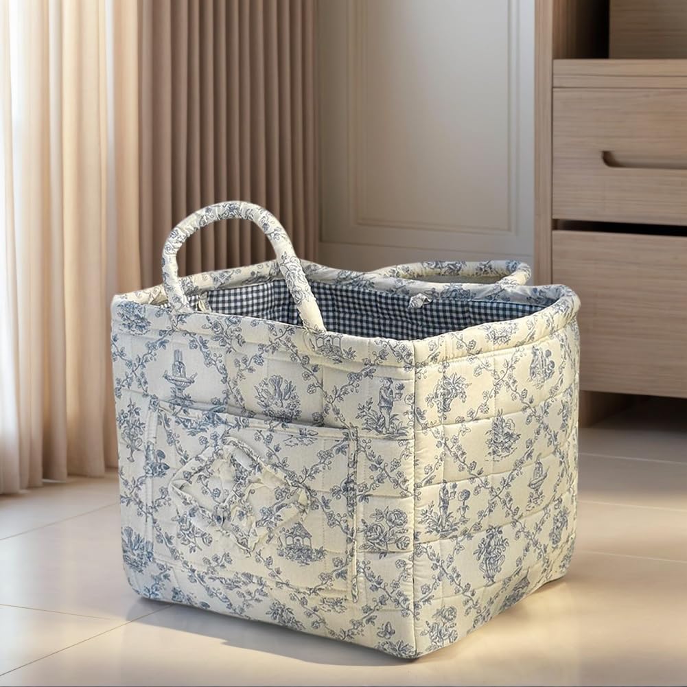 JQWYGB Foldable Laundry Basket Boho Bear Storage Basket Floral Quilted Fabric Car Storage Basket Handles Large Laundry Baskets for Clothes and Dolls