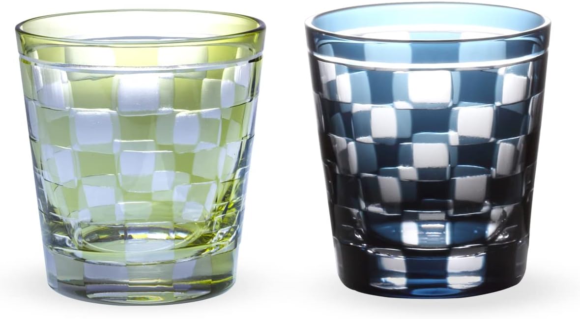 J-kitchens Retro Kiriko Pair Rock Glass Cup Φ3.3 x H3.5 inches (85 x 90 mm), 9.2 fl oz (260 cc), Checkered, Green & Ink Blue, Hanachou Current Model