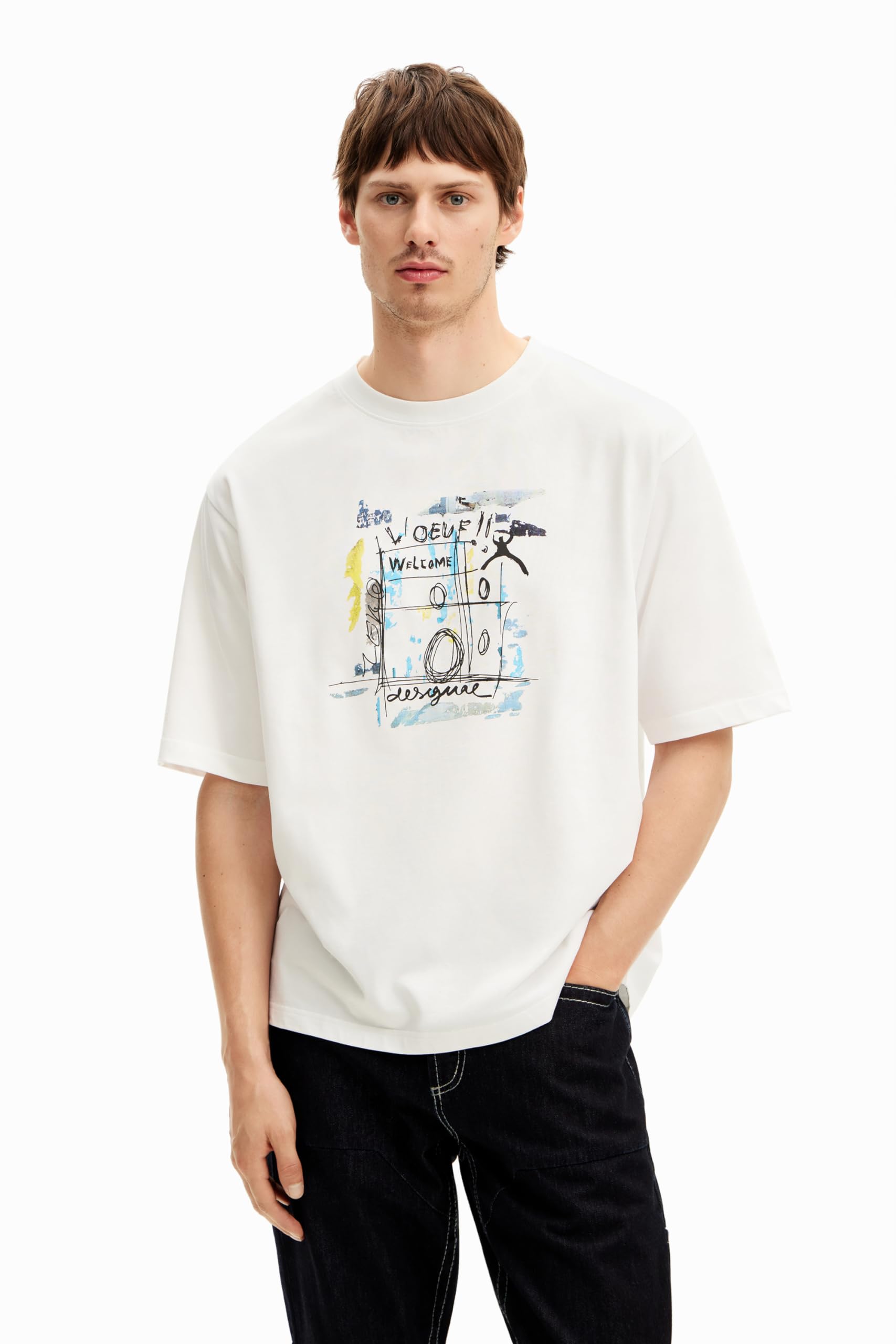 Desigual Camiseta de Manga Corta de Punto para Hombre, Blanco, L