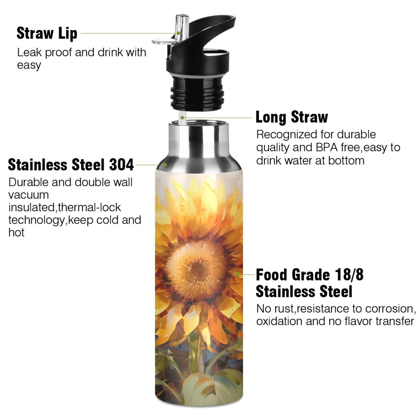 Borraccia termica in acciaio inox con cavalli e girasoli, a doppia parete, thermos da caffè, per sport, viaggi, escursioni, per bevande calde e fredde