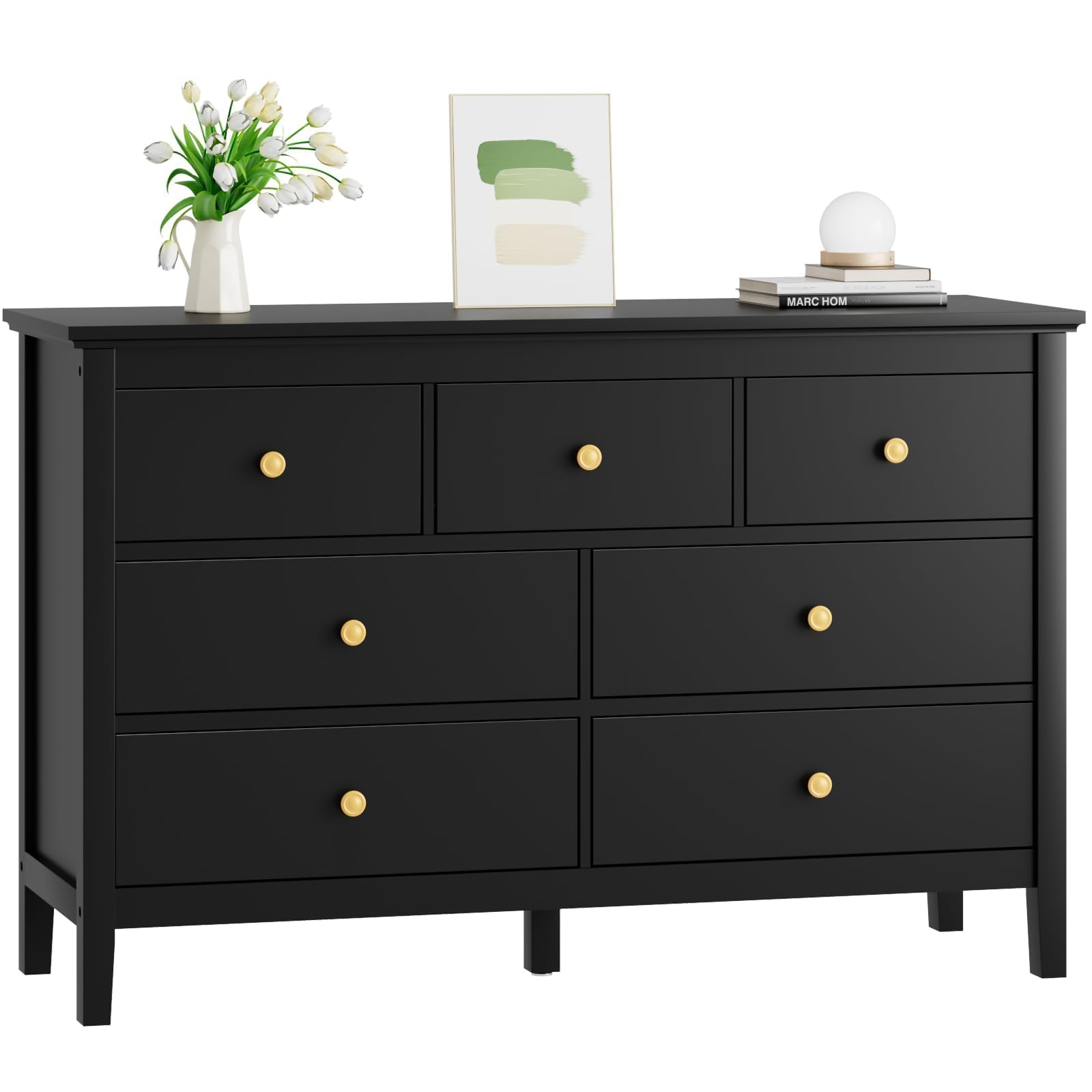 CARPETNAL 7 Drawers Dresser for Bedroom, Black Dressers & Chests of Drawers with Gold Handles and 7 Large Drawer, Modern Wooden Storage Organizer