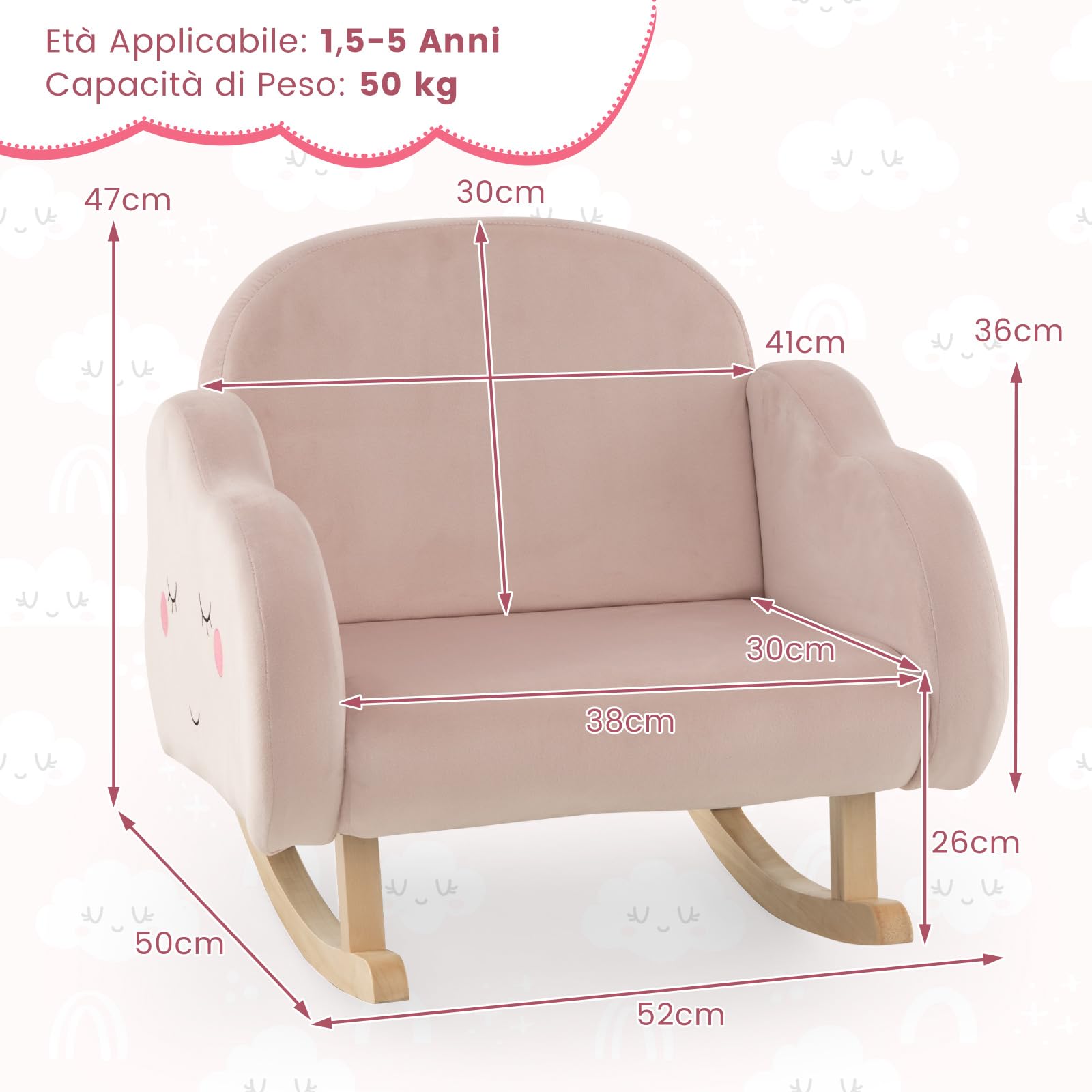 COSTWAY Sedia a Dondolo per Bambini 1-5 Anni, Poltrona Imbottita per Bambini con Gambe in Legno Massello e Piedini Antiscivolo, per Sala Giochi, Camera da Letto e Asilo