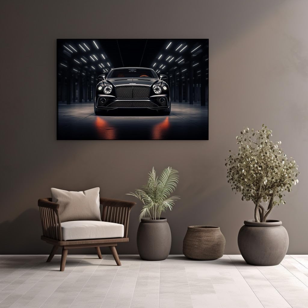 Canvas for Living room. Parked Prestige: The Black Bentley's Mystique in the Shadows, 27 x 18 inch Canvas Wall Art - Ready to Hang