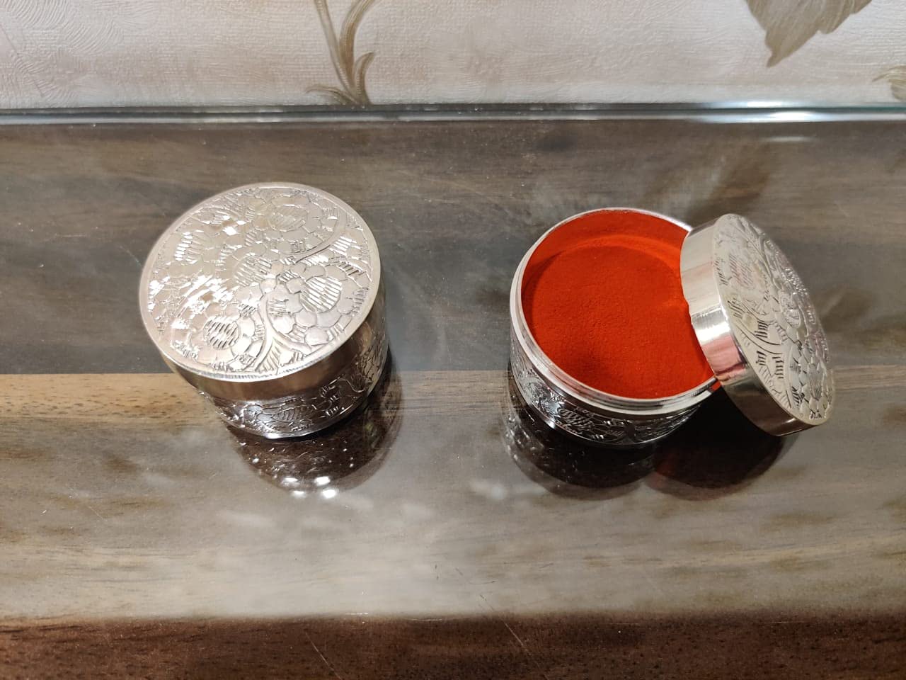 German Silver Vintage Carving Work Small Storage Box – Sindoor Dibbi, Supari & Coin Box & Mini Decorative Container, 1.5 x 1.5 x 2 Inch Compact Silver Box for Pooja, Pack of 2-image-10